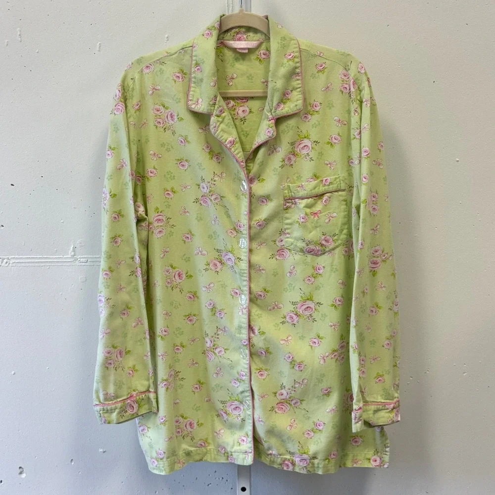 Y2K Victoria's Secret Pajama Top Large Green Pink‎ Rose Floral Cotton Button Up